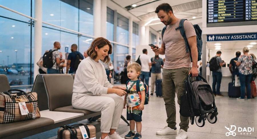 Rodzina z dzieckiem i złożonym wózkiem spacerowym w hali odlotów przed podróżą samolotem